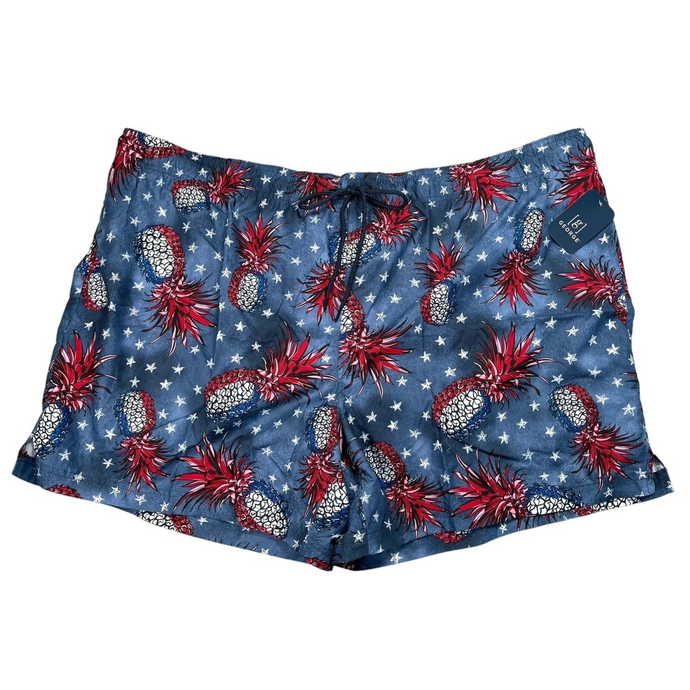 Pineapple Star Print Swim Trunks Men 4XL 52-54 Above The Knee 6" Inseam Blue Red